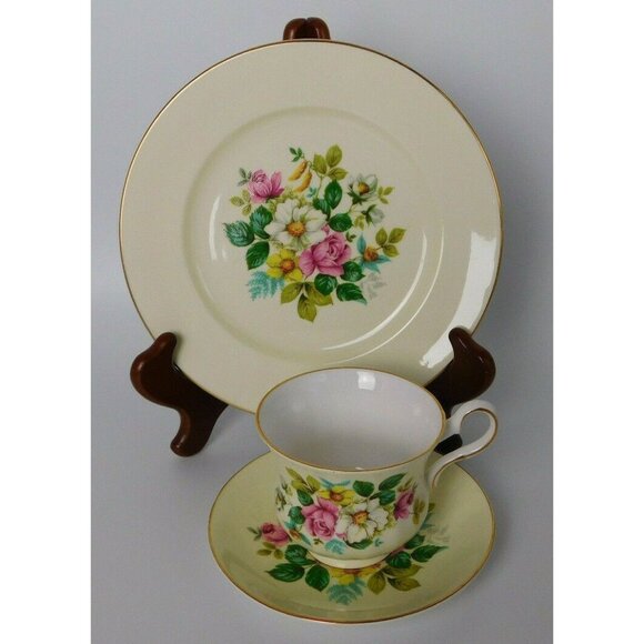 Royal Grafton AB Jones English Bone China Floral Teacup & Saucer Trio Set - Picture 1 of 6